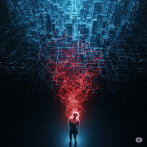 A visual representation of the sociological imagination, showing an individual's personal anxiety transforming into the larger structure of a futuristic, automated city.