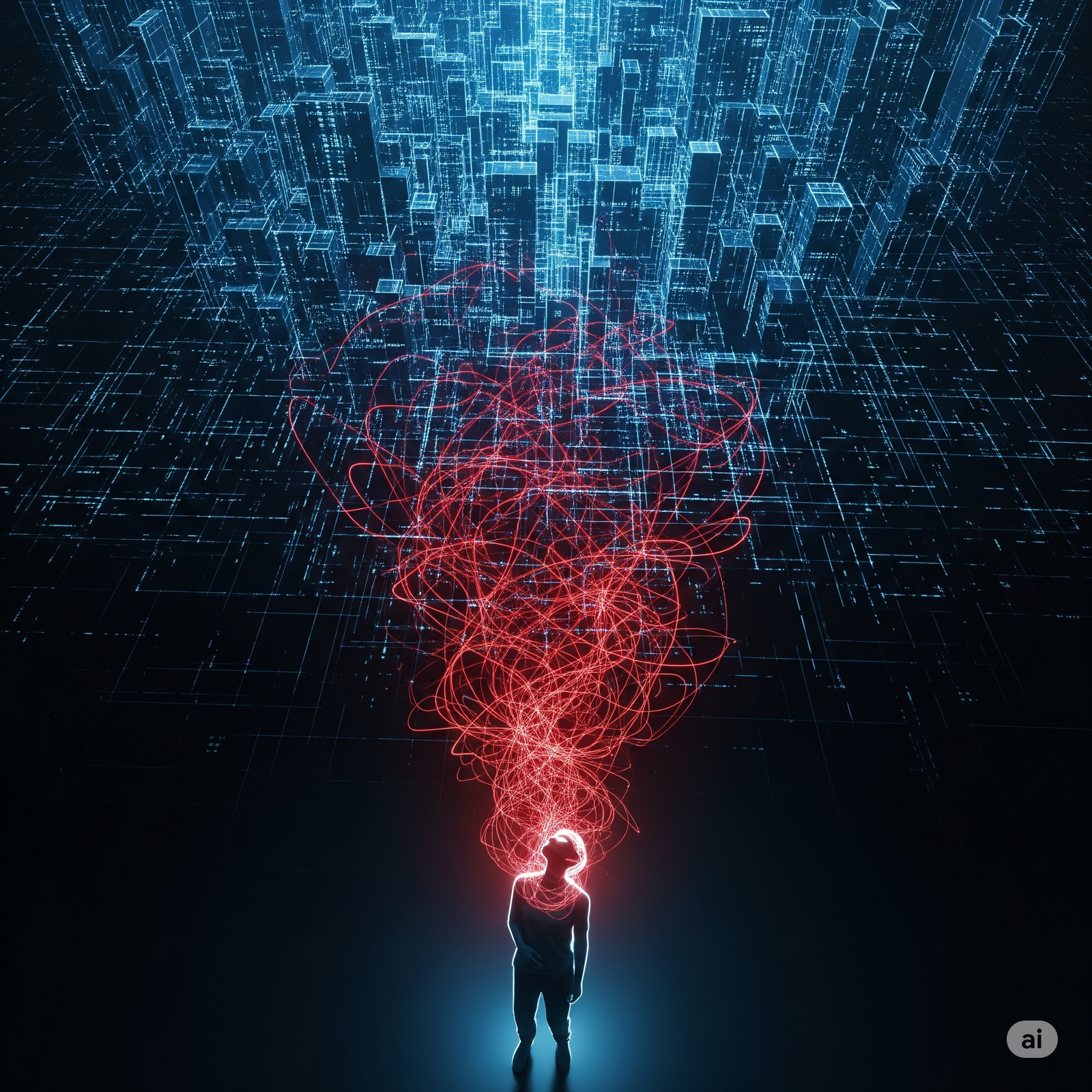 A visual representation of the sociological imagination, showing an individual's personal anxiety transforming into the larger structure of a futuristic, automated city.
