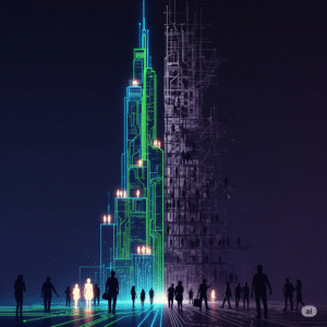 A divided image showing a gleaming, high-tech skyscraper on one side contrasted with a fractured, dilapidated structure on the other, symbolizing the unequal impact of AI on different social groups.