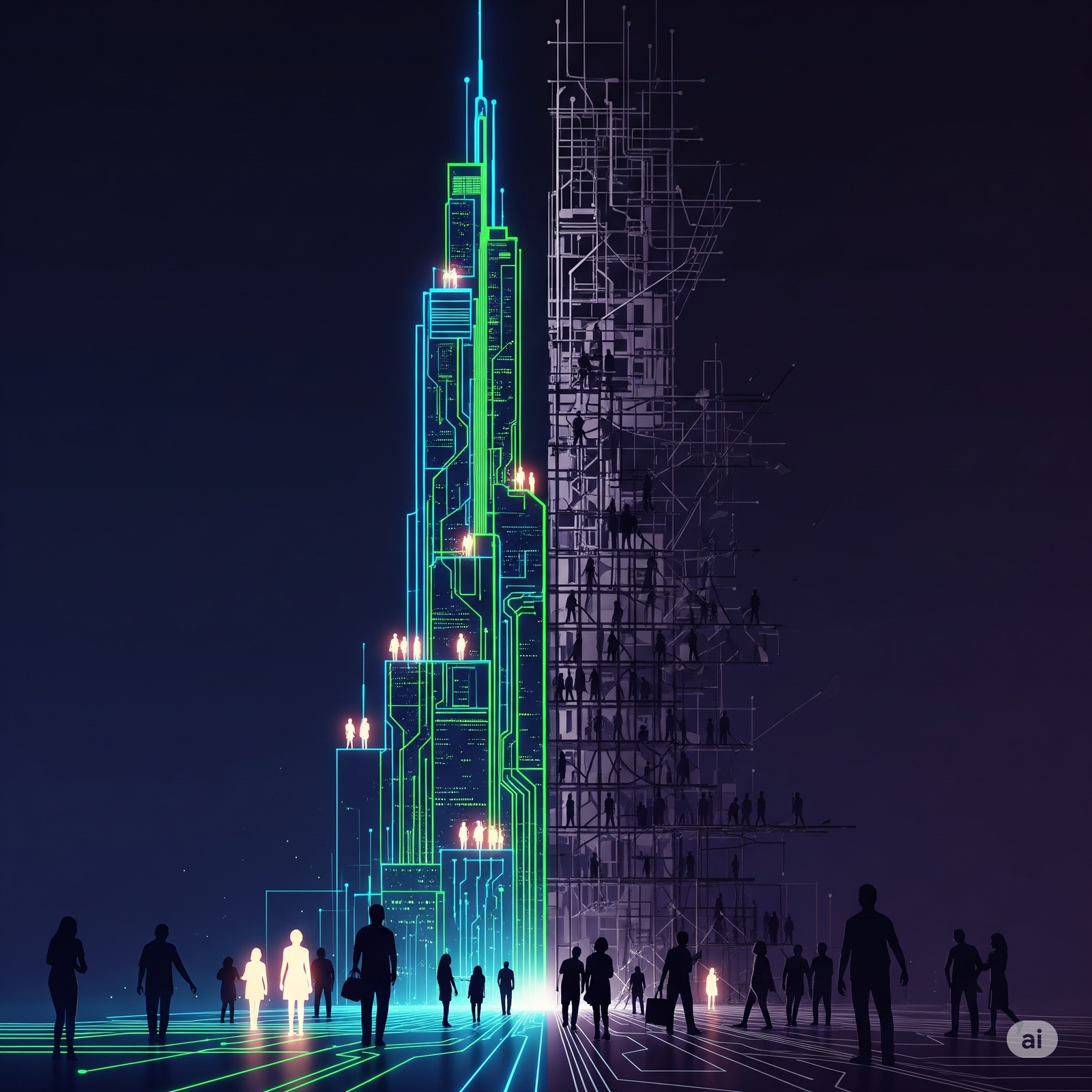 A divided image showing a gleaming, high-tech skyscraper on one side contrasted with a fractured, dilapidated structure on the other, symbolizing the unequal impact of AI on different social groups.