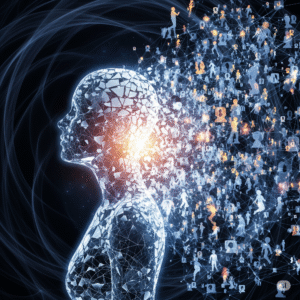 A distressed human silhouette fractures and dissolves into a vast network of other profiles, visualizing the connection between personal troubles and public issues.