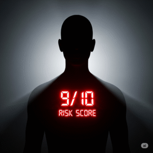 A human silhouette has a glowing, high "risk score" branded on their chest, casting a long shadow and representing a digital stigma.