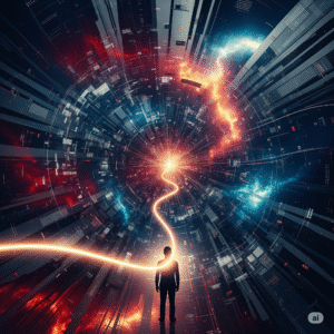 A single human silhouette's timeline is woven into a vast, turbulent tapestry of history and AI, visualizing the sociological imagination.