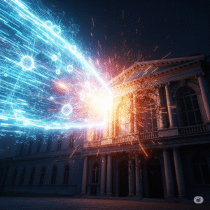 A massive wave of digital data and AI is shown crashing against a classical university building, symbolizing the AI adaptation crisis in education.