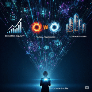 A human silhouette looks at a smartphone, from which a vast holographic web of social issues and data streams emerges, visualizing the sociological imagination.