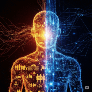 A human silhouette is formed by glowing organic threads on one side and digital code on the other, visualizing the double-edged sword of modern socialization.