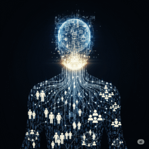 A human silhouette is shown with their head as cultural "software" and their body as the "hardware" of social groups, visualizing the invisible architecture of social life.