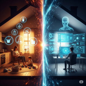 A house split between a traditional domestic scene and a futuristic digital office, with the two worlds clashing in the middle, symbolizing the collision of work and home life.