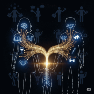 A transparent family silhouette shows glowing "cultural capital" flowing from parents to child, illuminating a set path and visualizing social reproduction.