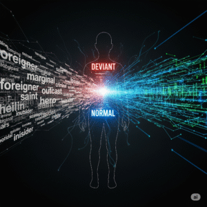 A human silhouette is branded with a digital label as streams of historical bias and algorithmic code pass through them, visualizing the digital social order.