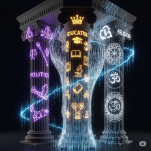 Three classical pillars for Politics, Education, and Religion are being intertwined and reshaped by a fourth, rising pillar of AI code, visualizing the new architecture of control.