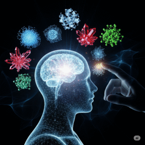 A human hand assembles glowing fragments from previous modules into a complete, luminous brain, visualizing the assembly of the sociological imagination.